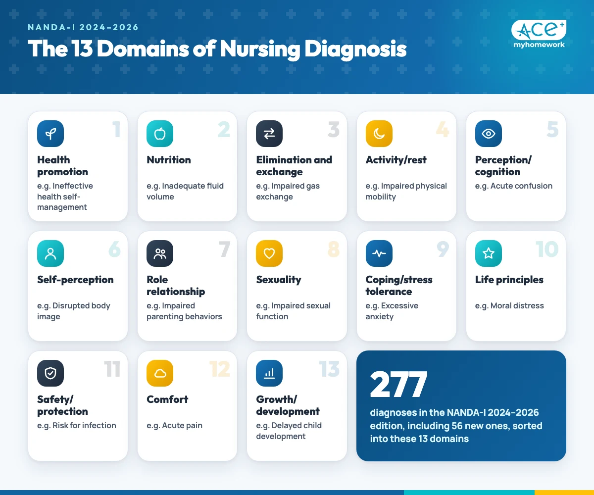 Grid of the 13 NANDA-I domains, from Health promotion to Growth/development, each with an icon and an example diagnosis