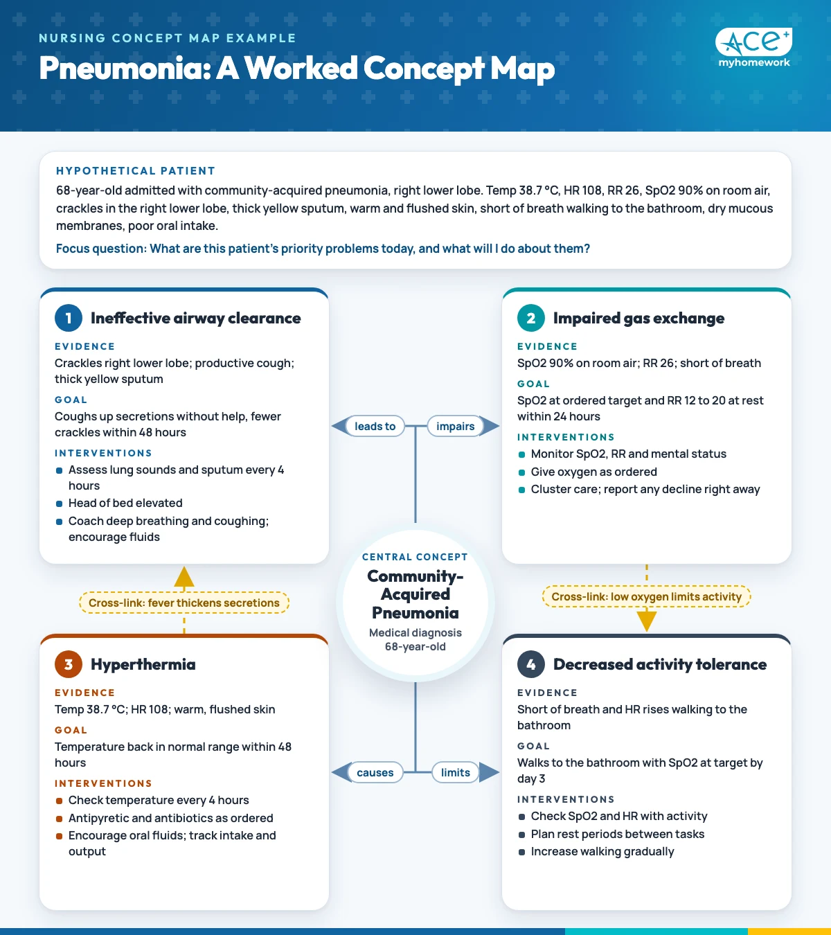 Nursing concept map example for a hypothetical patient with pneumonia, linking assessment data to four nursing diagnoses and their interventions, with cross-links