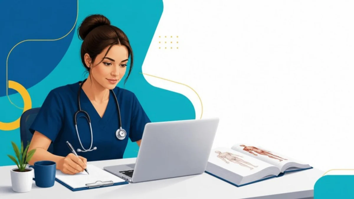 Nursing student with a stethoscope studying nursing study guides on a laptop